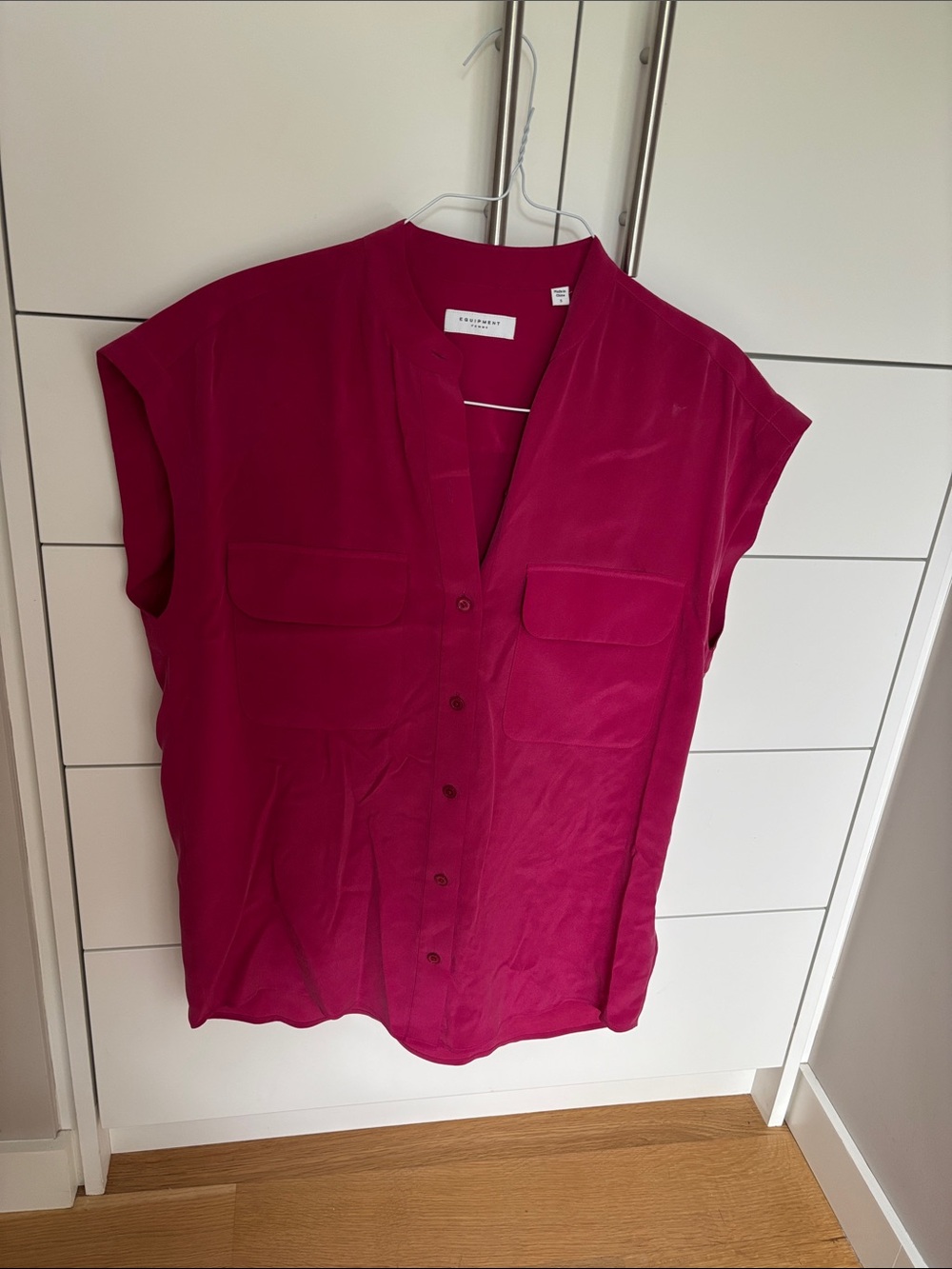 Equipment Silk Cap-Sleeve Button-Down Blouse in Magenta